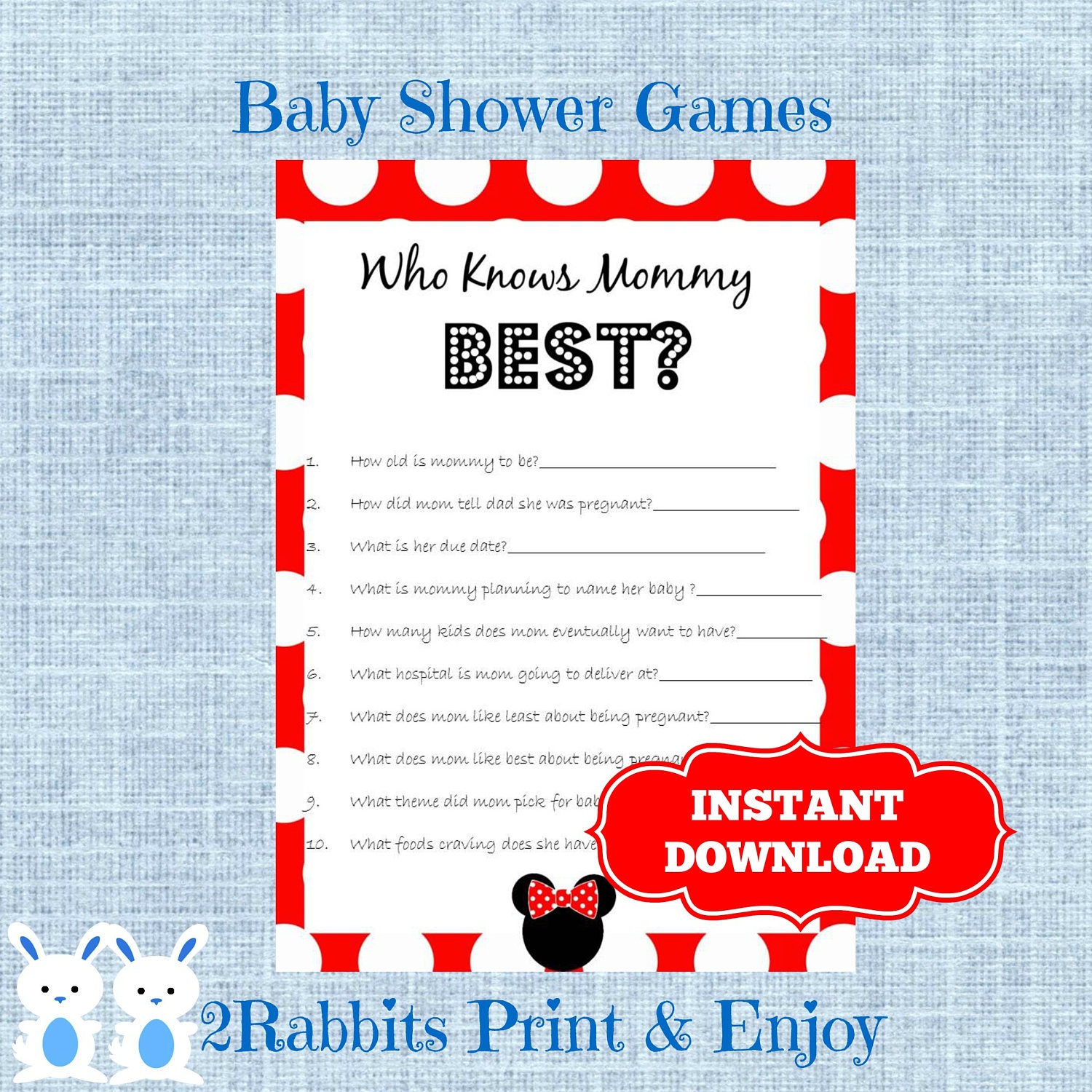 Minnie Mouse Baby Shower Game Who Knows Mommy Best Disney | Etsy - Free Printable Mickey Mouse Baby Shower Games