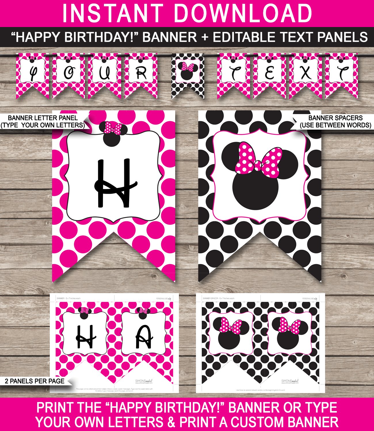 Minnie Mouse Party Banner Template | Birthday Banner | Editable Bunting - Free Printable Mickey Mouse Birthday Banner