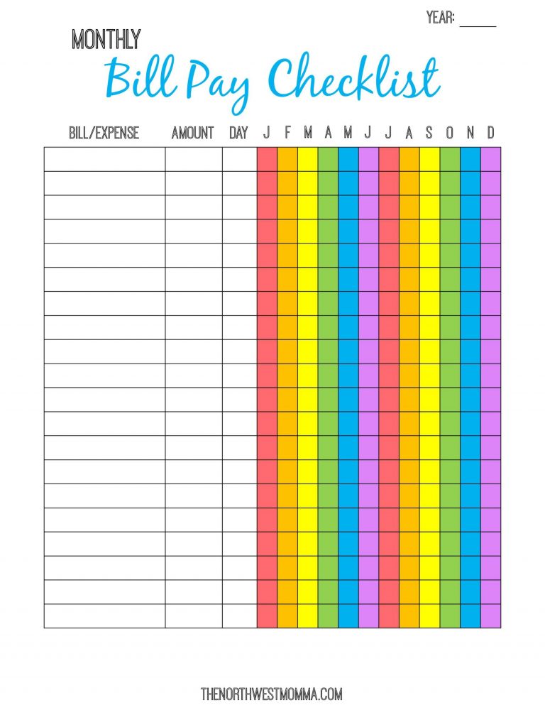 Monthly Bill Pay Checklist Free Printable Saving Money Free 