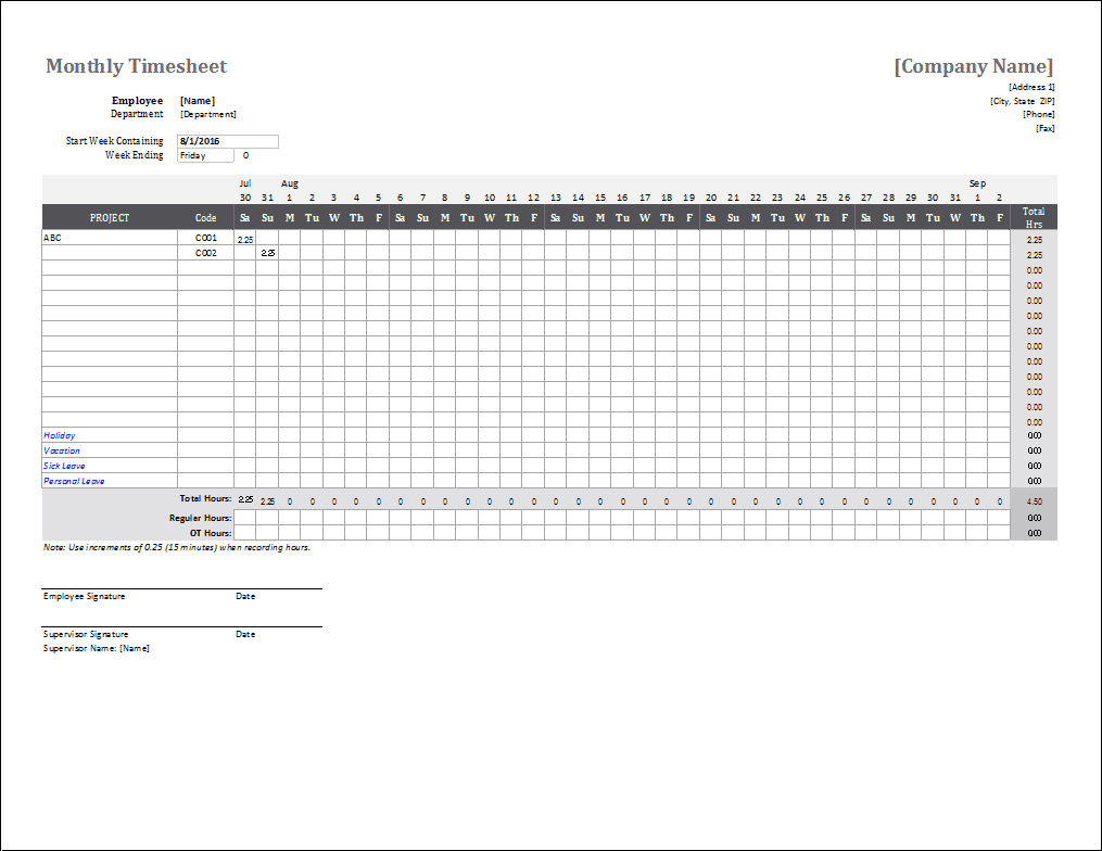 Monthly Timesheet Template For Excel And Google Sheets - Free Printable Time Sheets Pdf