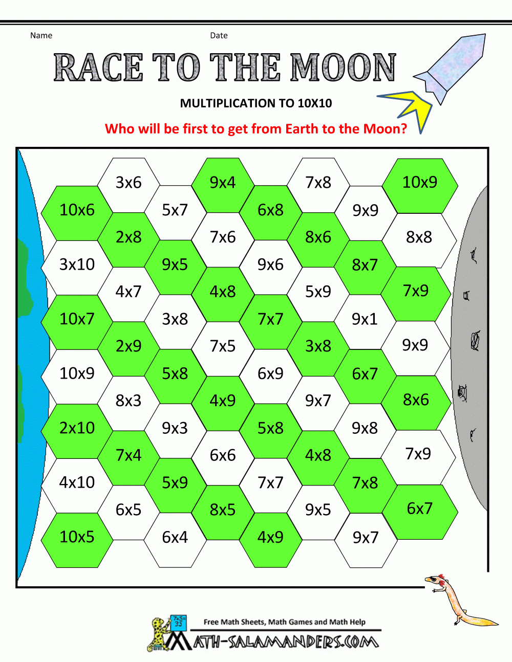 Multiplication Games Race To The Moon Multiplication To 10X10Plus - Free Printable Maths Games