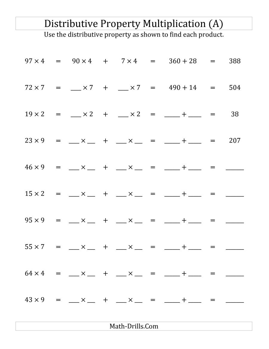 Multiply 2-Digit1-Digit Numbers Using The Distributive Property (A) - Free Printable Distributive Property Worksheets