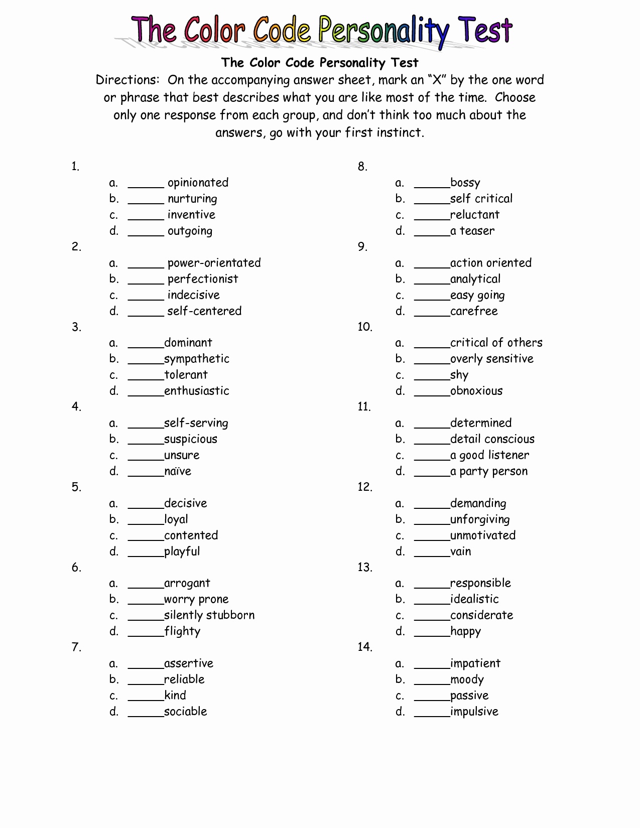 Free Printable Personality Tests