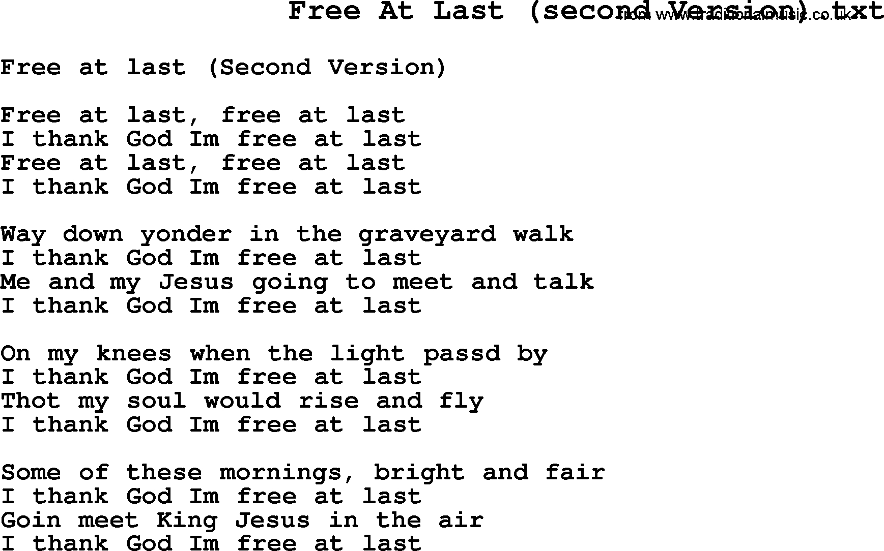 Negro Spiritual/slave Song Lyrics For Free At Last(2) - Free Printable Song Lyrics