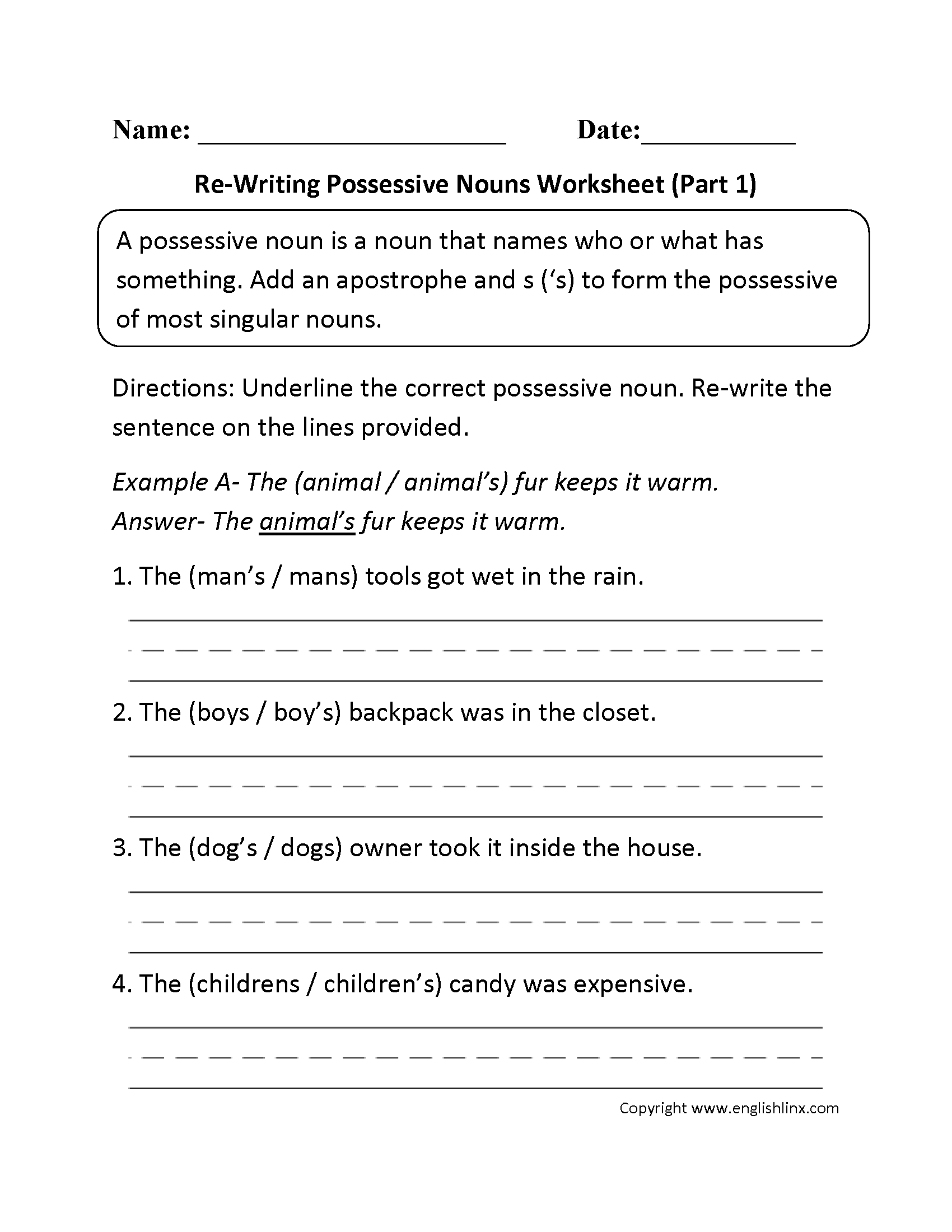 Nouns Worksheets | Possessive Nouns Worksheets - Free Printable Possessive Nouns Worksheets