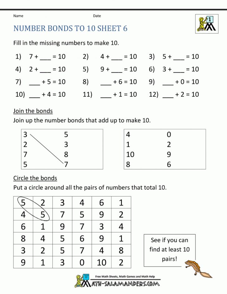 Free Printable Number Bonds Worksheets For Kindergarten