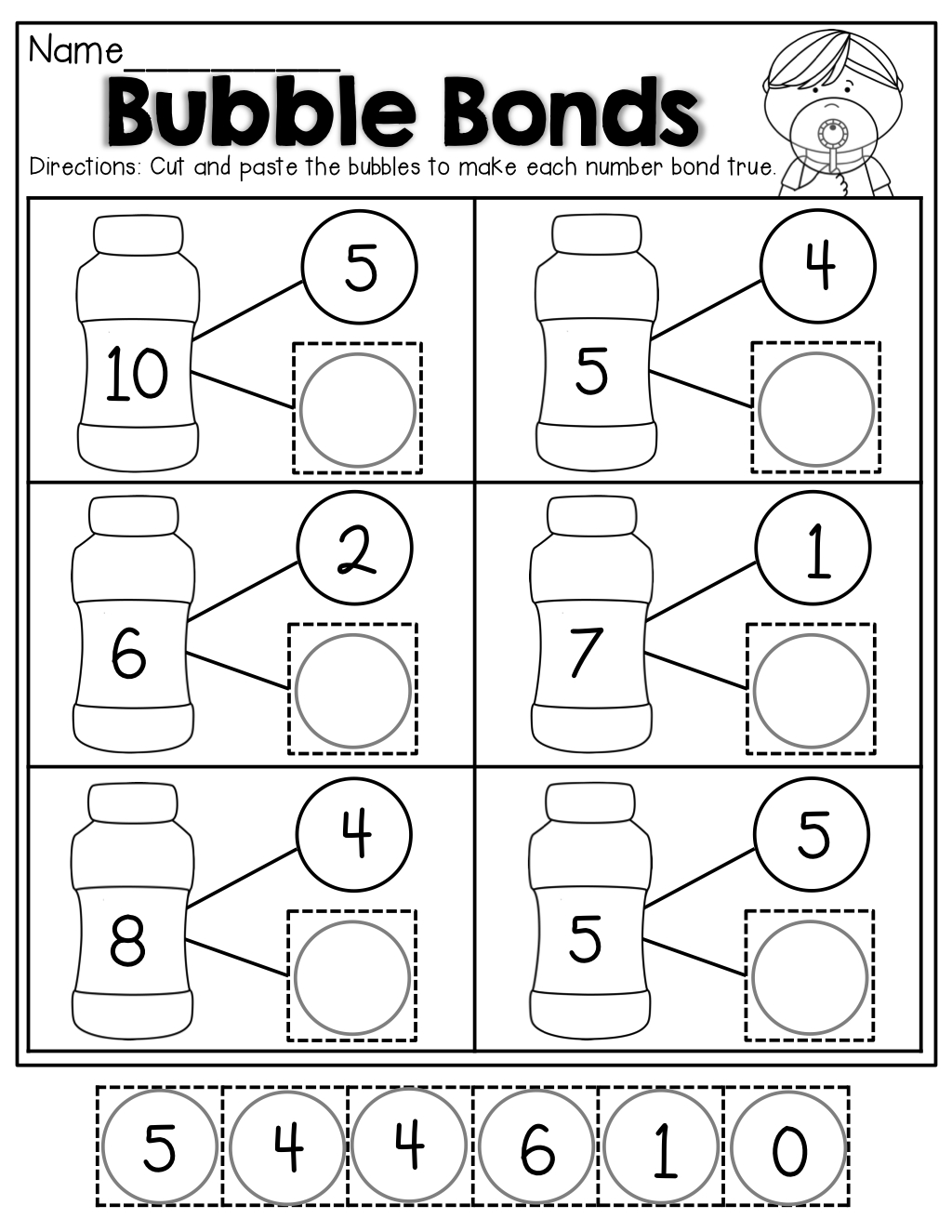 Number Bubble Bonds (Cut And Paste) | Kindergarten Activities | Math - Free Printable Number Bonds Worksheets For Kindergarten