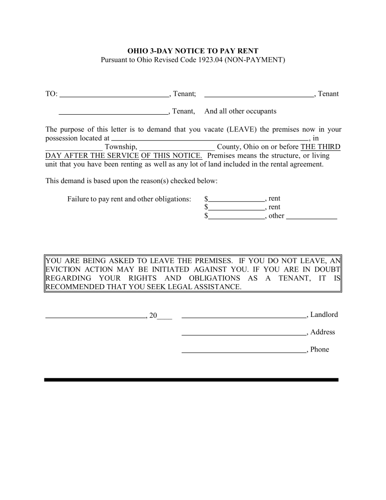 Ohio 3 Day Notice To Quit Form | Non-Payment | Eforms – Free - Free Printable Eviction Notice Ohio