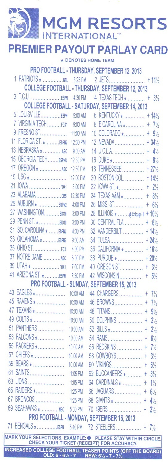 Parlay Bets In The Nfl Free Printable Football Parlay Cards Free
