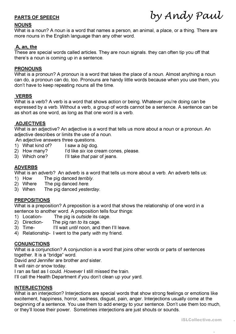 Parts Of Speech Worksheet - Free Esl Printable Worksheets Made - Free Printable Parts Of Speech Worksheets