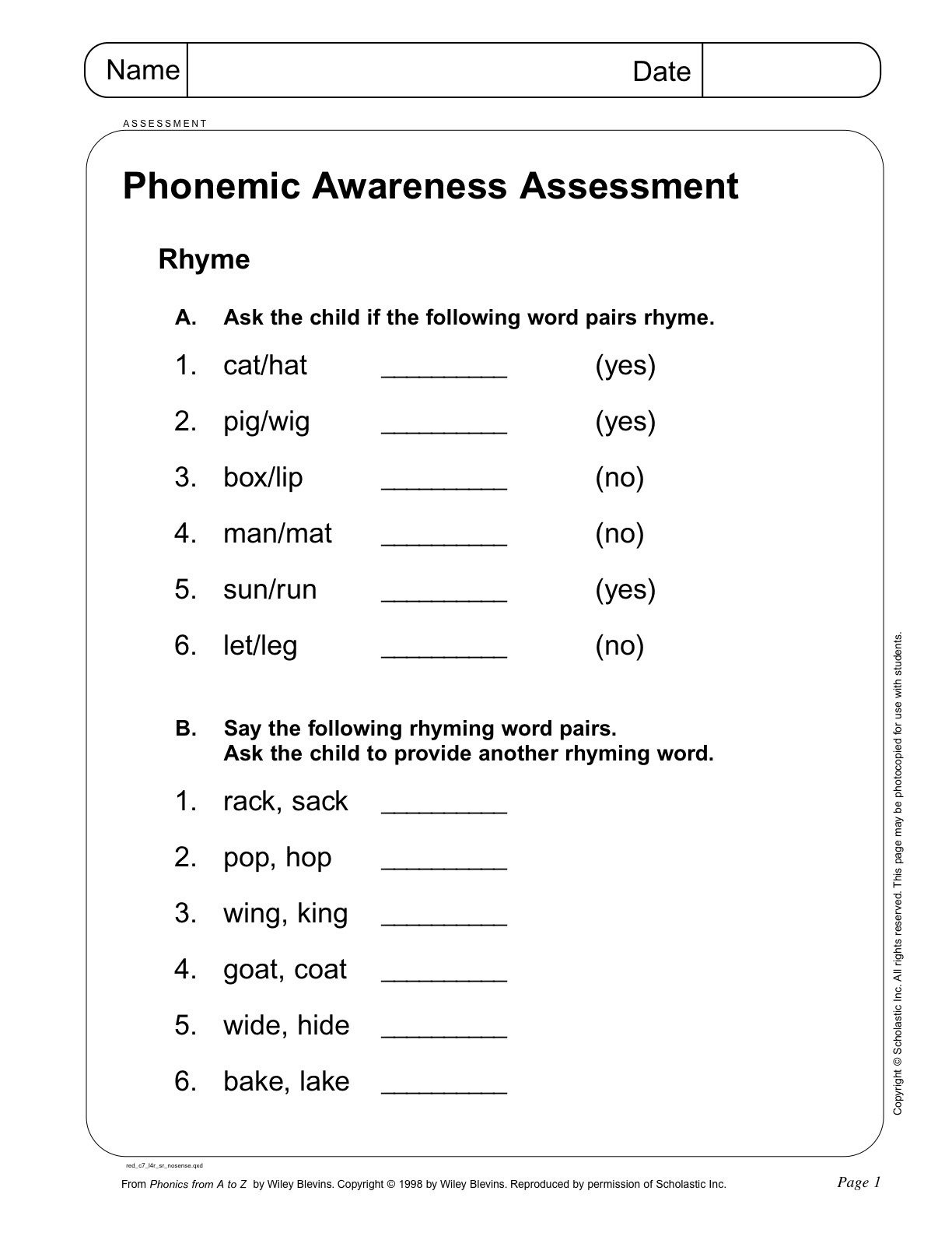 Phonemic Awareness Assessment Page 1 From Scholastic- Teacher - Free Printable Diagnostic Reading Assessments