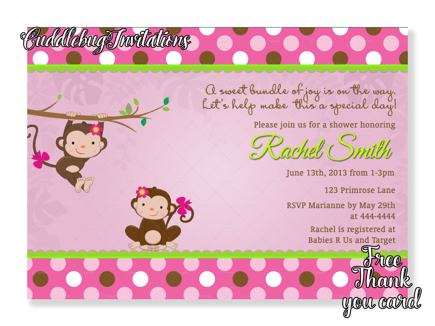 Pink Monkey Girl Baby Shower Invitation Pink Baby Girl | Etsy - Free Printable Monkey Girl Baby Shower Invitations
