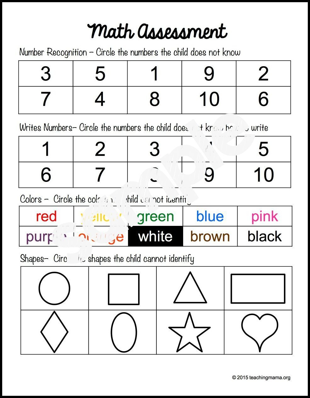 Preschool Assessment Forms | Resources | Preschool Assessment Forms - Free Printable Informal Math Assessments