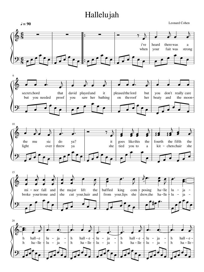 Free Printable Piano Sheet Music For Hallelujah By Leonard Cohen Free Printable A To Z