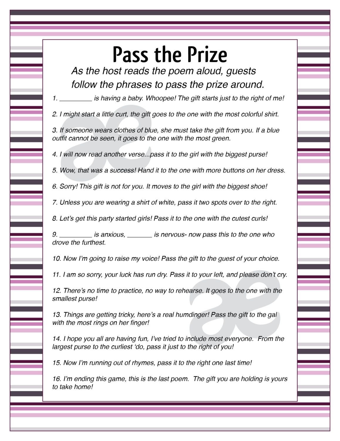 Printable Baby Girl Shower Activity: Pass The Prize - Instant - Pass The Prize Baby Shower Game Free Printable