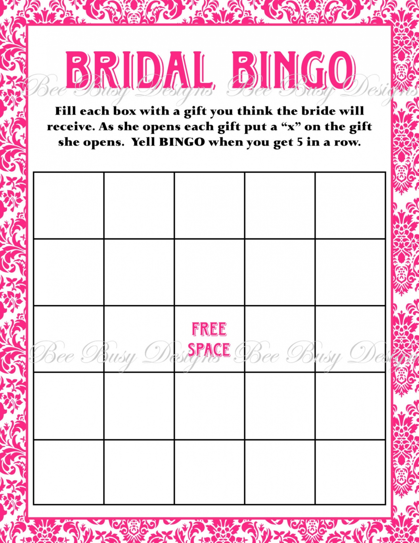 Printable Hot Pink Damask Bridal Shower Bingo Game Instant Download - Free Printable Bridal Shower Blank Bingo Games
