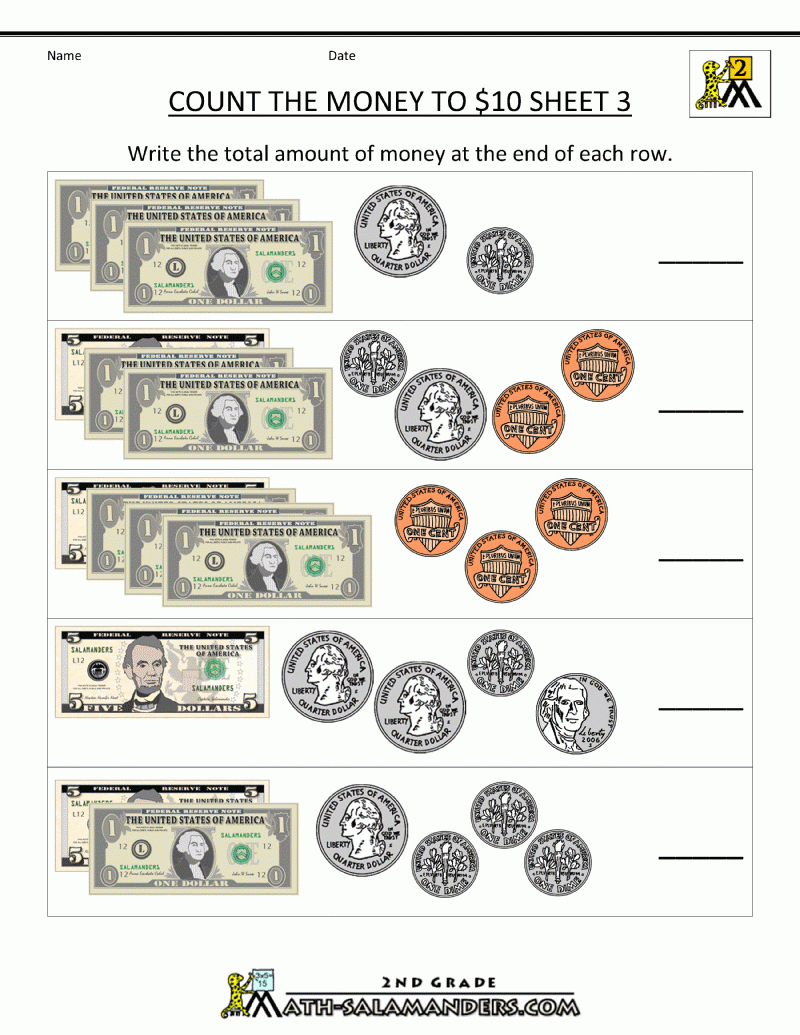 Printable Money Worksheets To $10 - Free Printable Money Activities