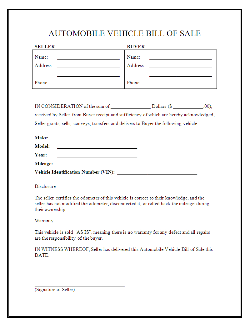 Printable Sample Free Car Bill Of Sale Template Form | Laywers - Free Printable Bill Of Sale For Car