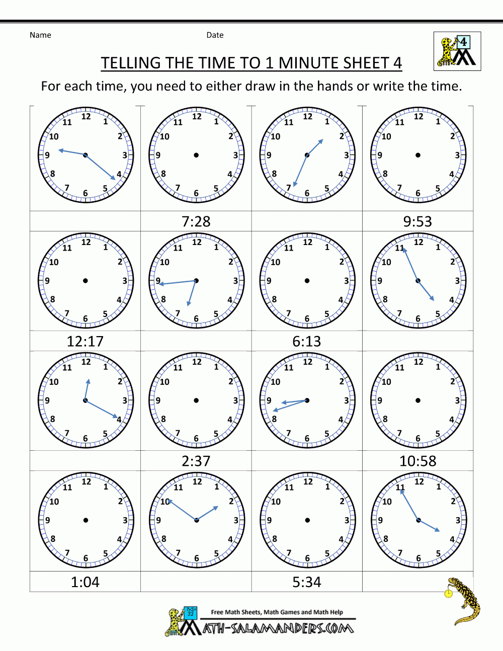 Printable Time Worksheets Telling The Time To 1 Min 4 | Worksheets - Free Printable Telling Time Worksheets