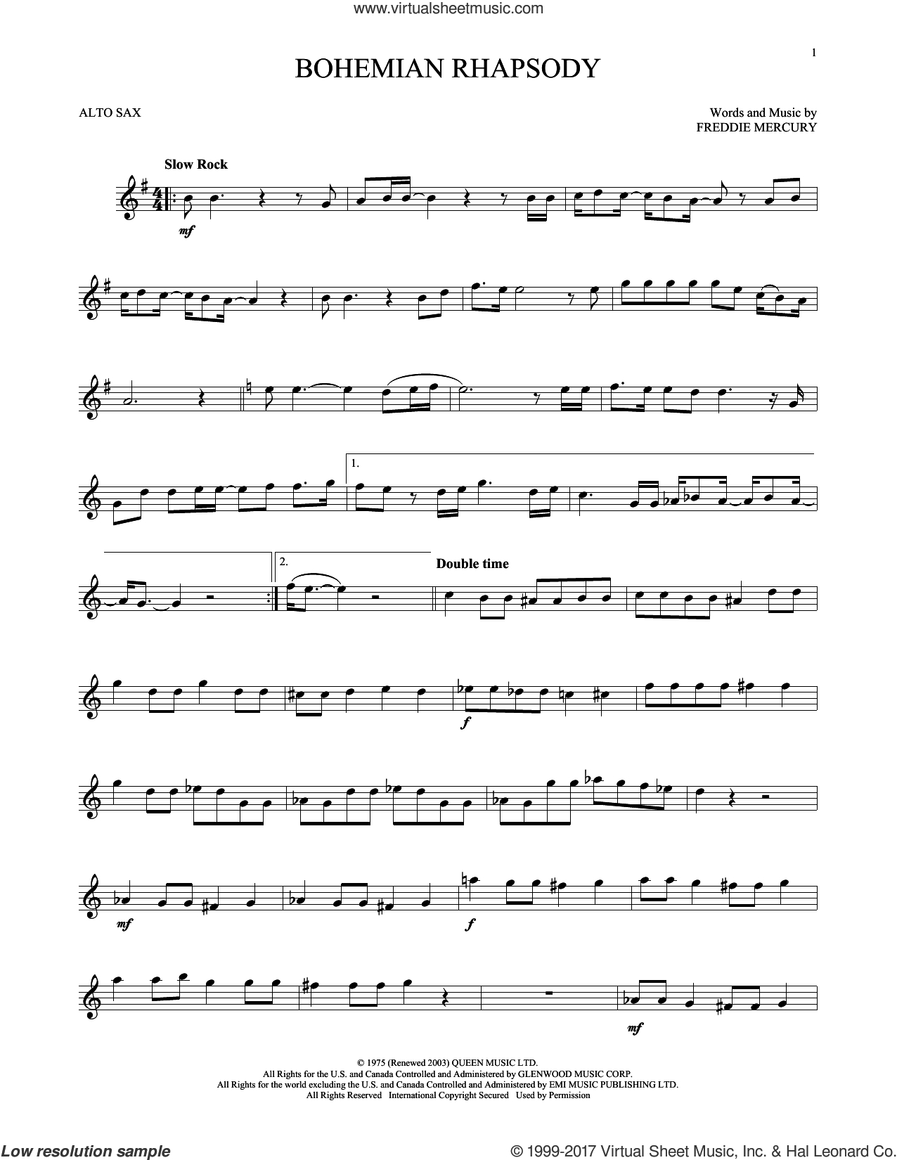 Queen - Bohemian Rhapsody Sheet Music For Alto Saxophone Solo - Free Printable Alto Saxophone Sheet Music