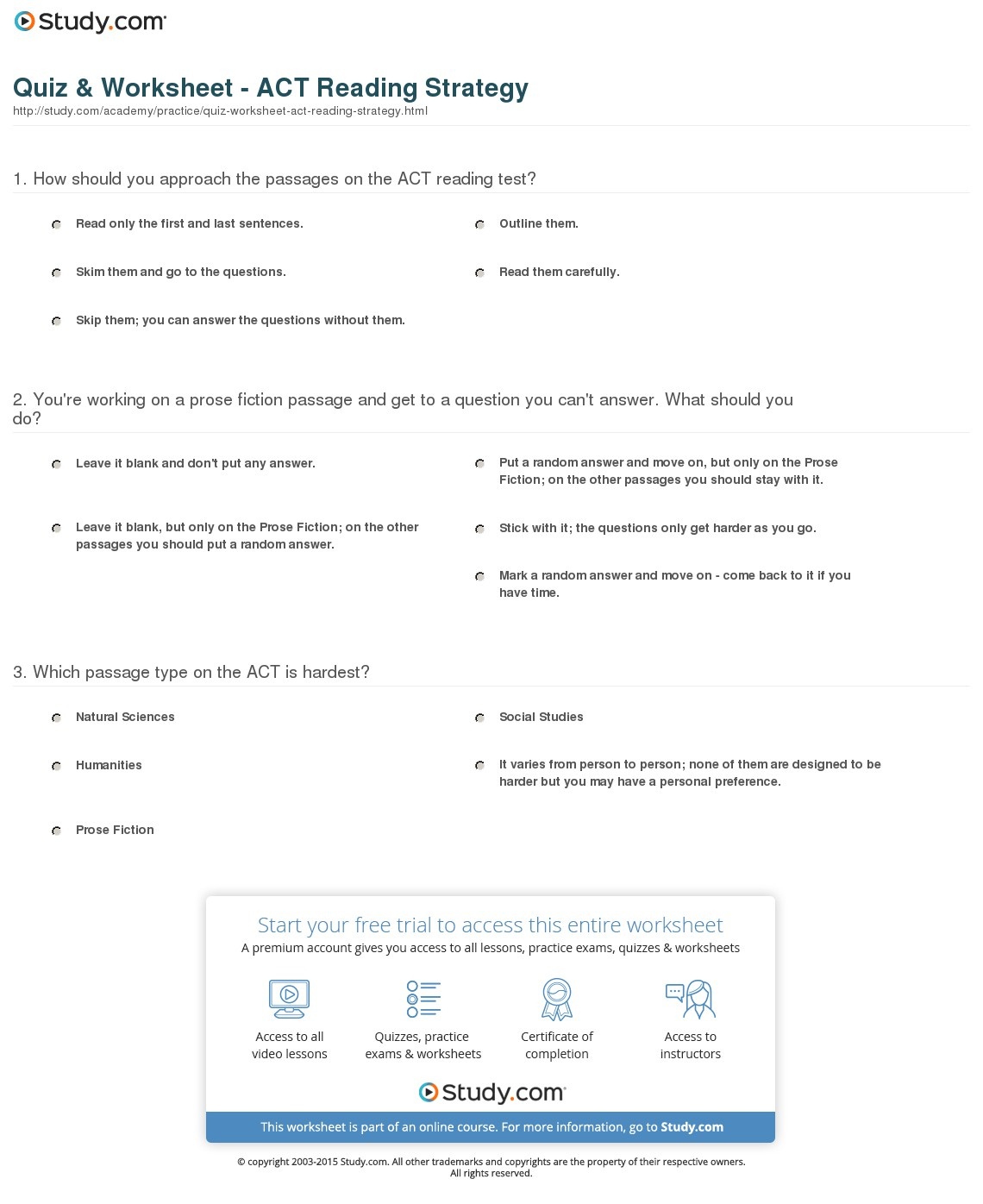 Quiz & Worksheet - Act Reading Strategy | Study - Free Printable Act