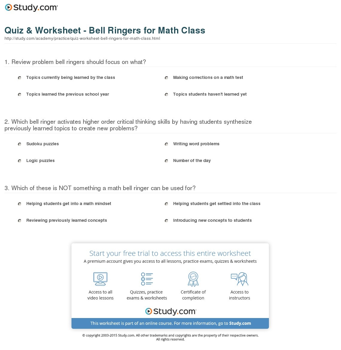 Quiz &amp;amp; Worksheet - Bell Ringers For Math Class | Study - Free Printable Bell Ringers