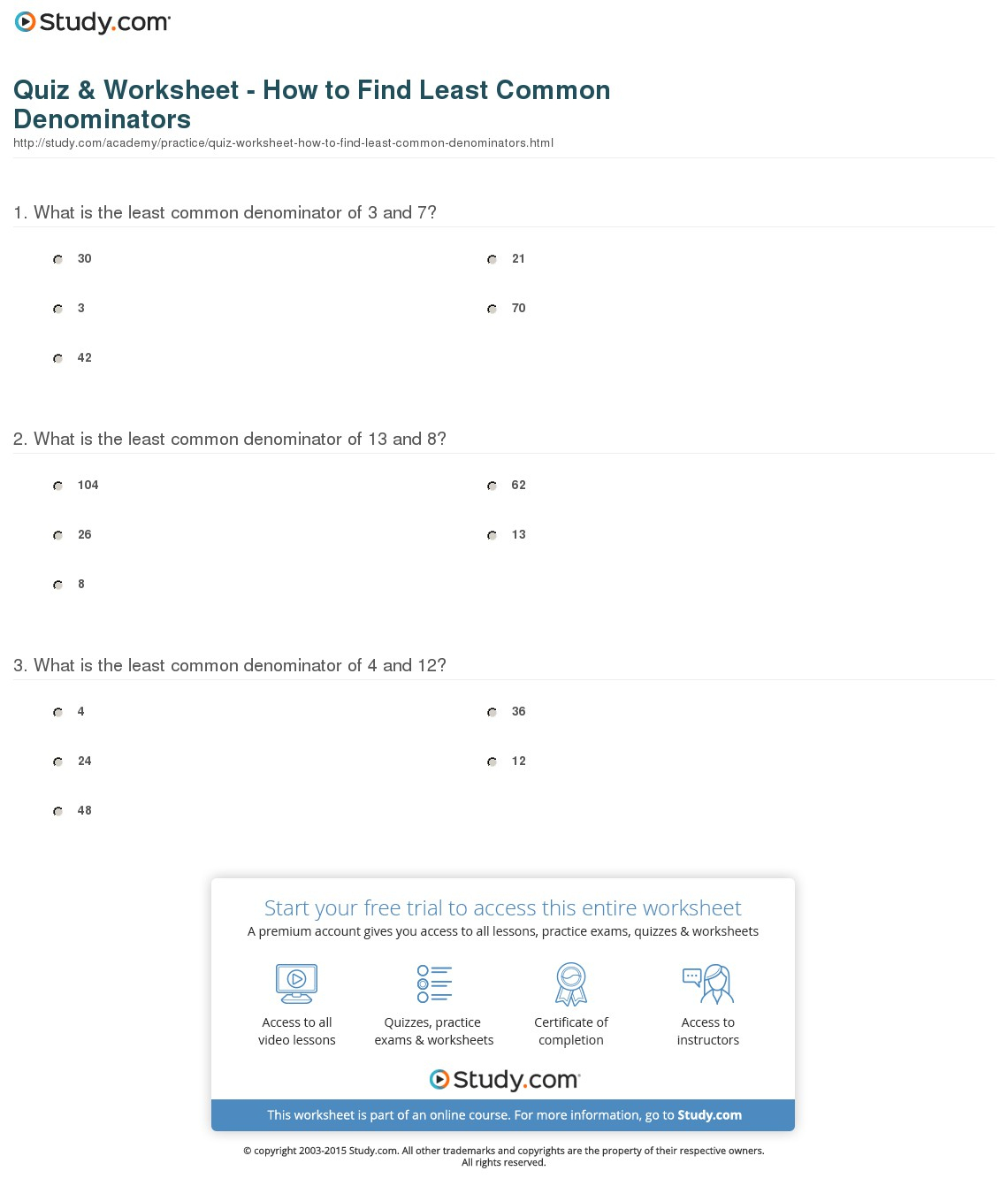 Quiz &amp;amp; Worksheet - How To Find Least Common Denominators | Study - Least Common Multiple Worksheet Free Printable