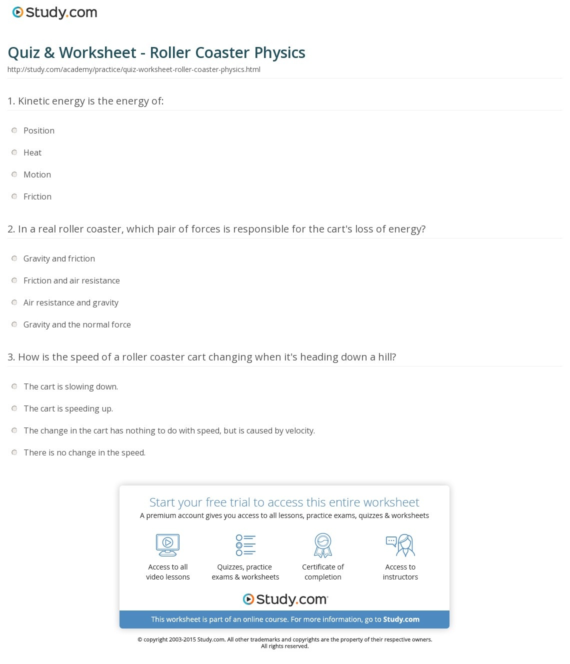 Quiz &amp;amp; Worksheet - Roller Coaster Physics | Study - Free Printable Physics Worksheets