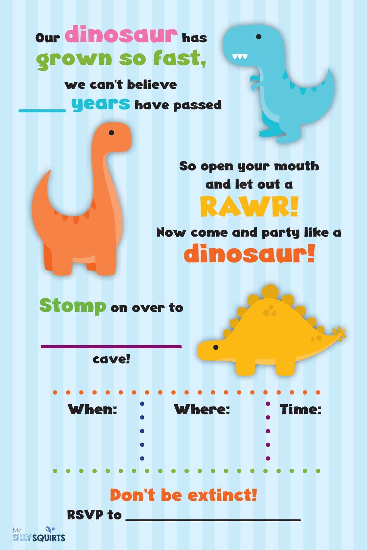 Rawr! Free Dinosaur Birthday Party Printables | My Silly Squirts - Free Printable Dinosaur Birthday Invitations