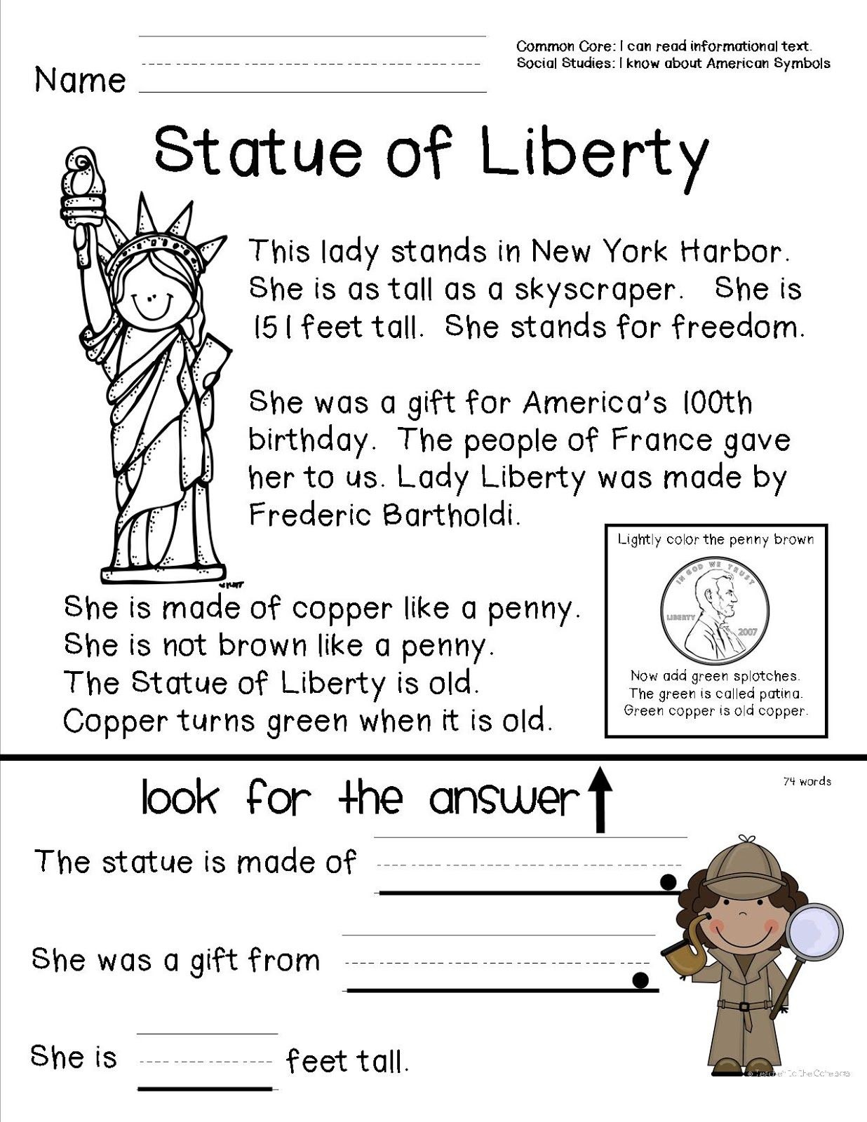 Reading Comprehension Sheet About The Statue Of Liberty For Primary - Free Printable Reading Comprehension Worksheets For Kindergarten