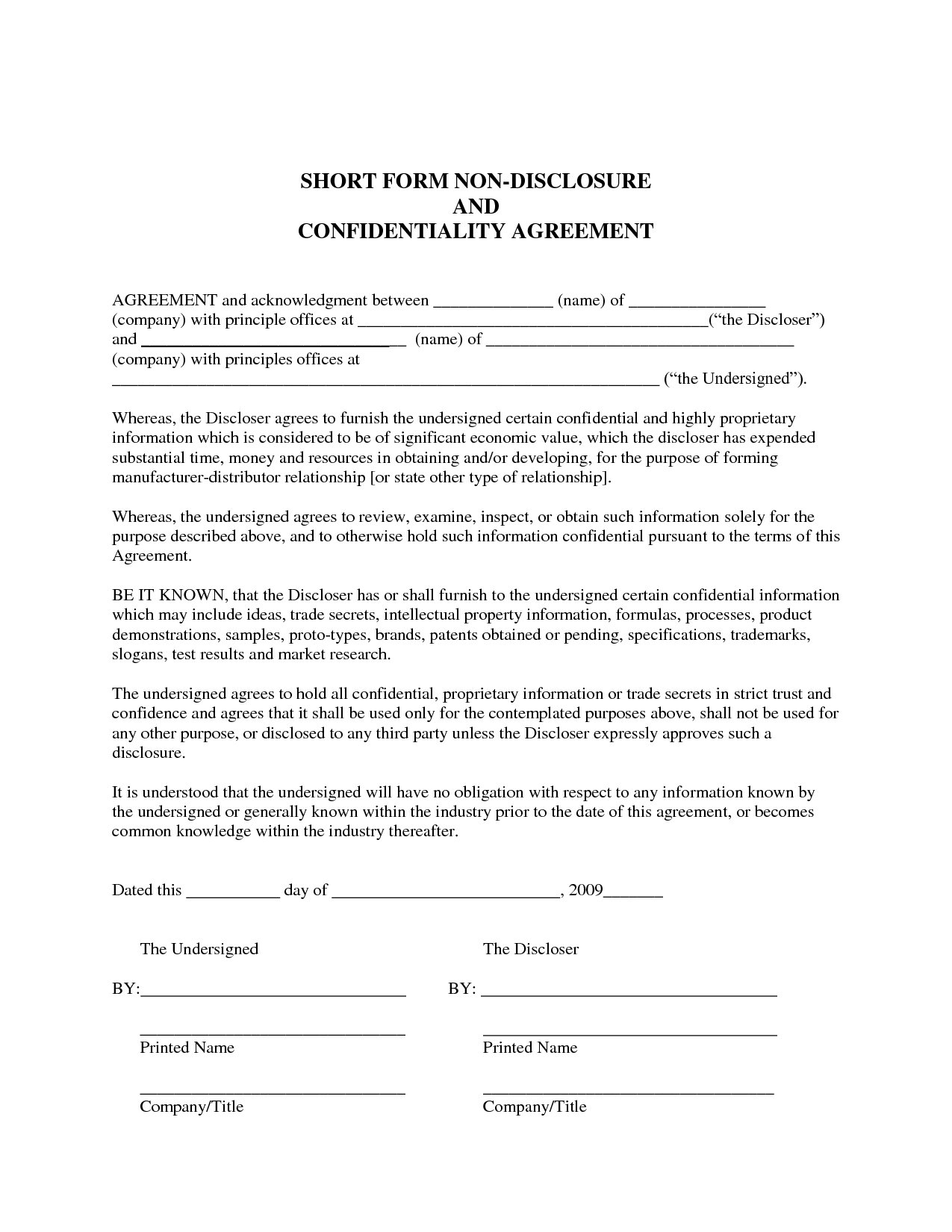 Sample Non-Disclosure Agreement | Confidentiality Agreement Sample - Free Printable Non Disclosure Agreement Form