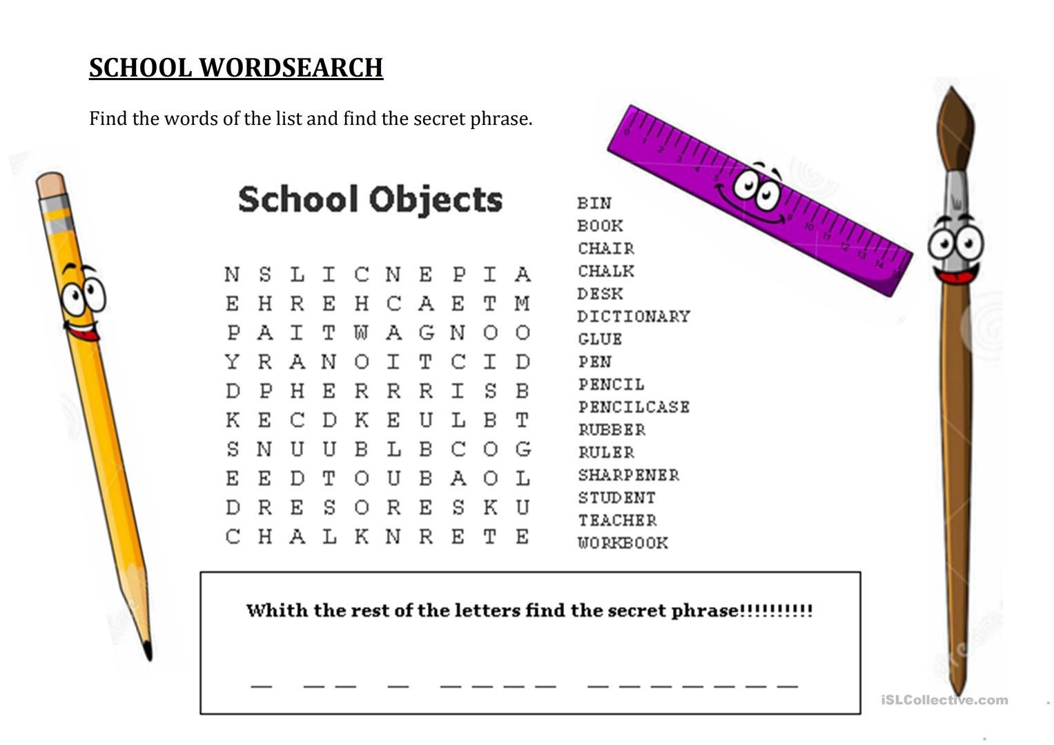 School Wordsearch - Hidden Message Worksheet - Free Esl Printable - Free Word Search With Hidden Message Printable
