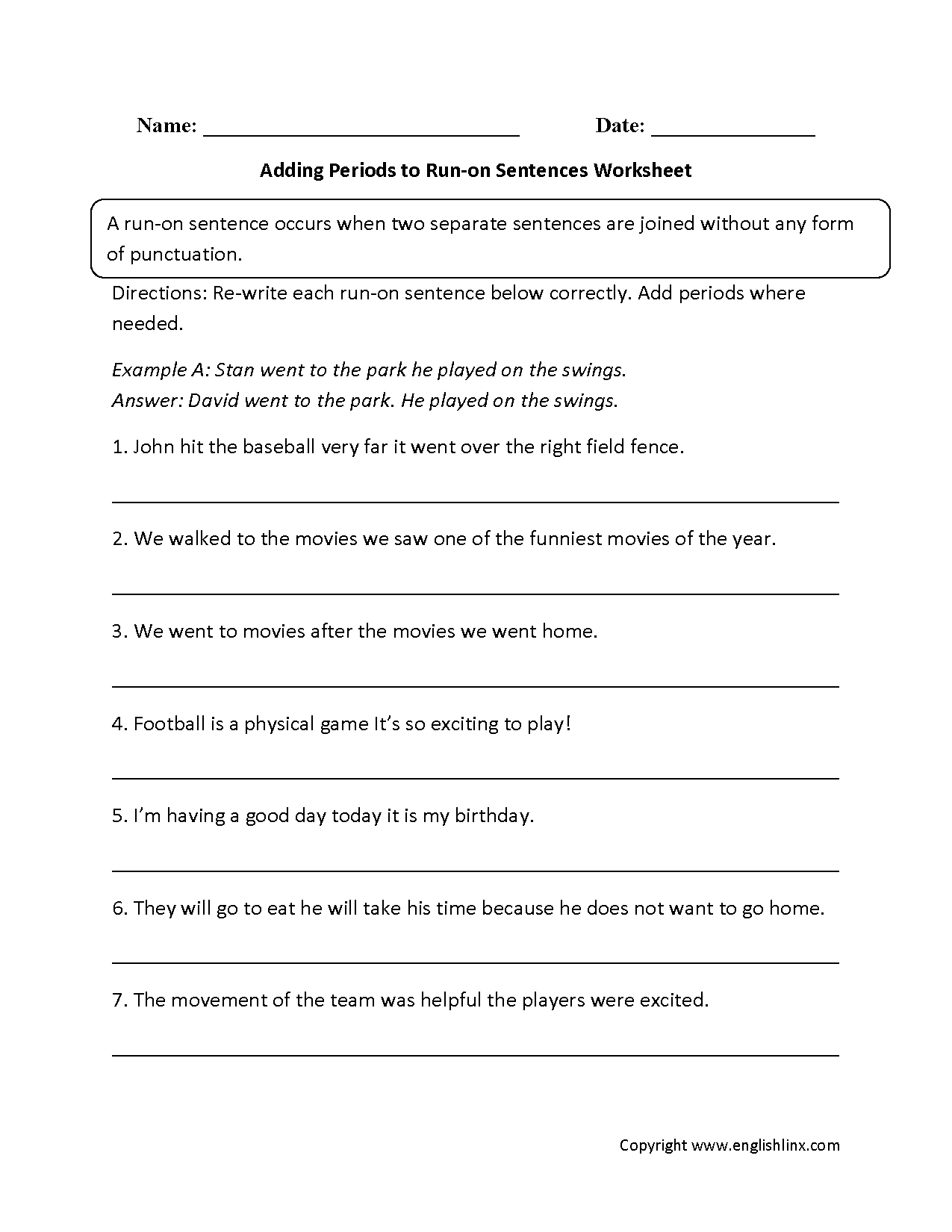 Sentences Worksheets | Run On Sentences Worksheets - Free Printable Sentence Correction Worksheets