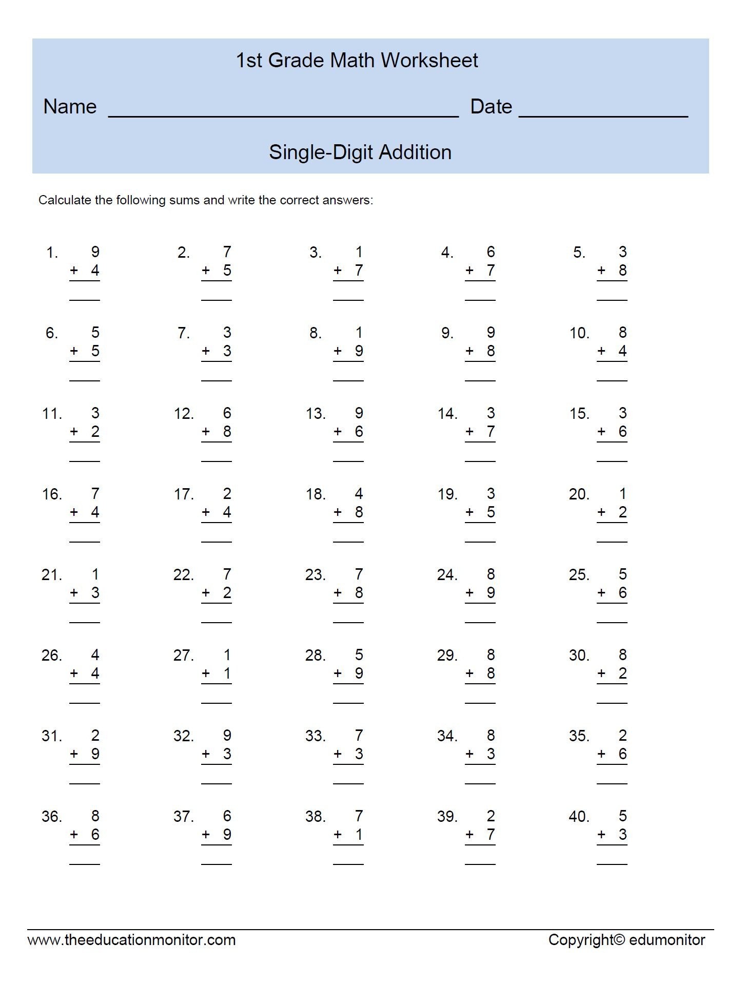 Single Digit Addition Worksheets For First Grade - Free Printable Addition Worksheets For 1St Grade