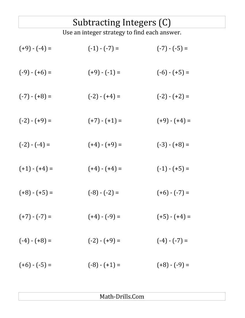 Subtracting Integers From (-9) To ( 9) (All Numbers In Parentheses - Free Printable Integer Worksheets Grade 7