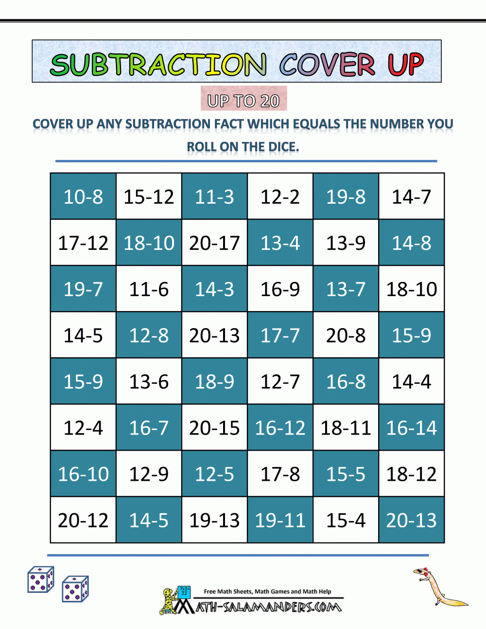 Subtraction Games For Kids - Free Printable Maths Games