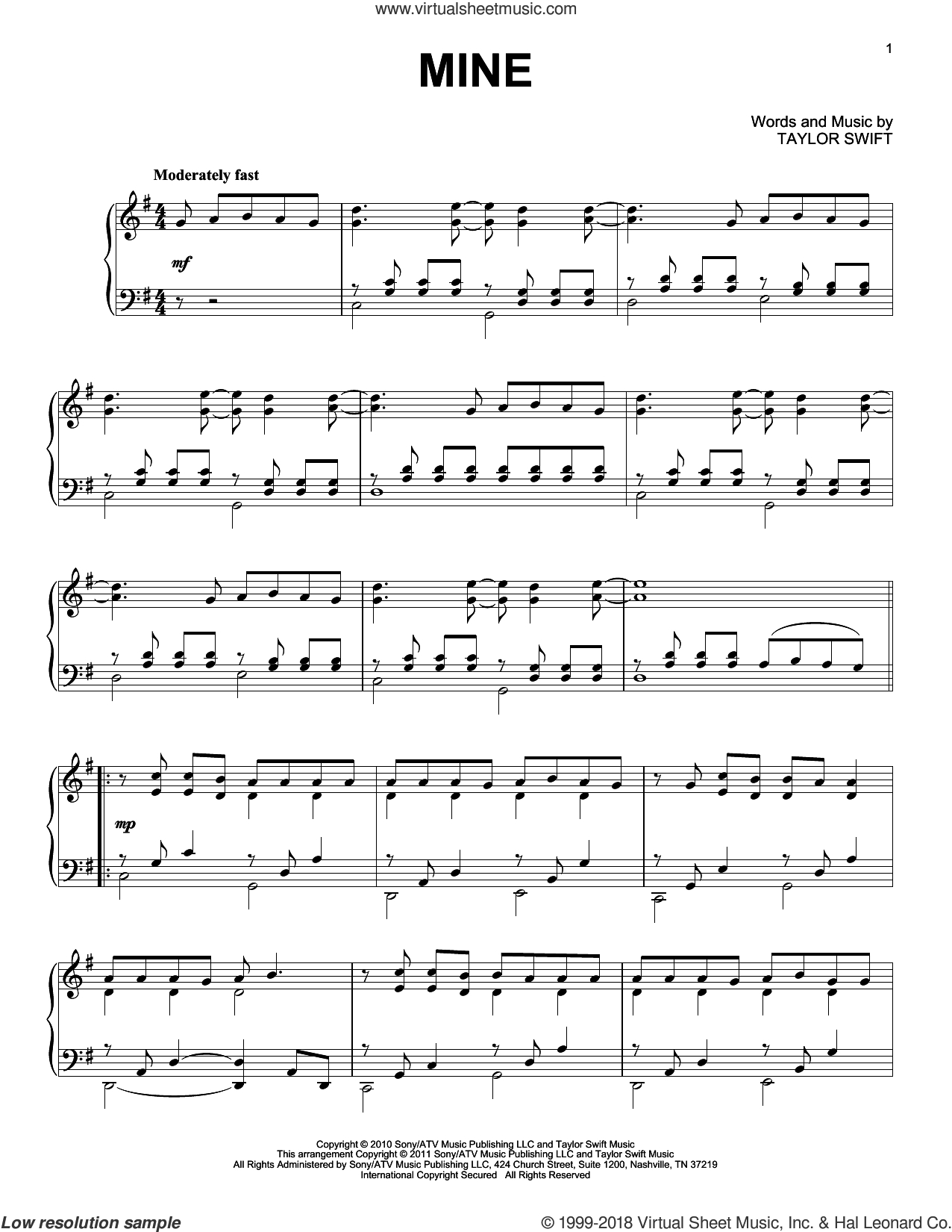 Swift - Mine, (Intermediate) Sheet Music For Piano Solo [Pdf] - Taylor Swift Mine Piano Sheet Music Free Printable
