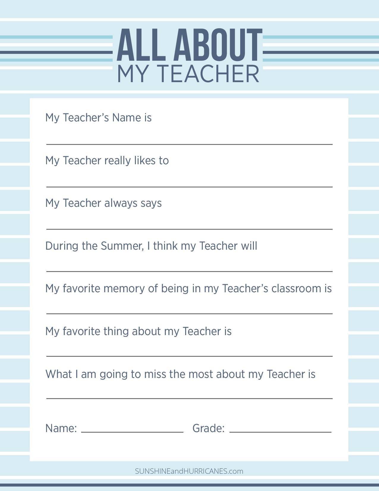 Teacher Appreciation Week Questionnaire A Personalized Teacher Gift