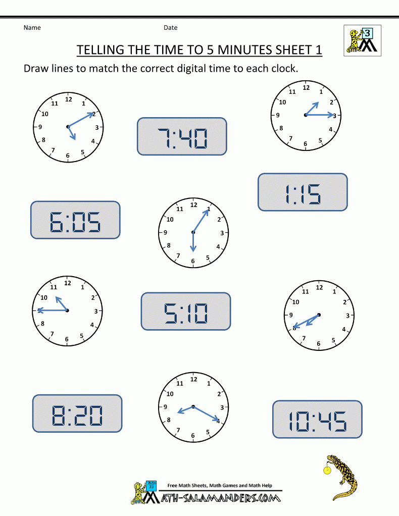 Telling Time Clock Worksheets To 5 Minutes - Free Printable Time Worksheets For Grade 3
