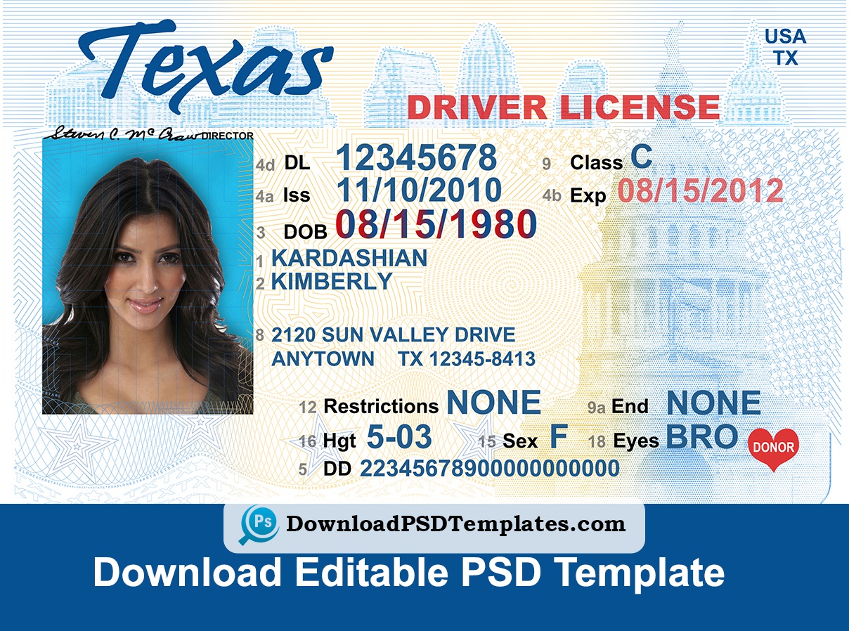 Texas Driver License Psd Template | Download Editable File - Free Printable Fake Drivers License