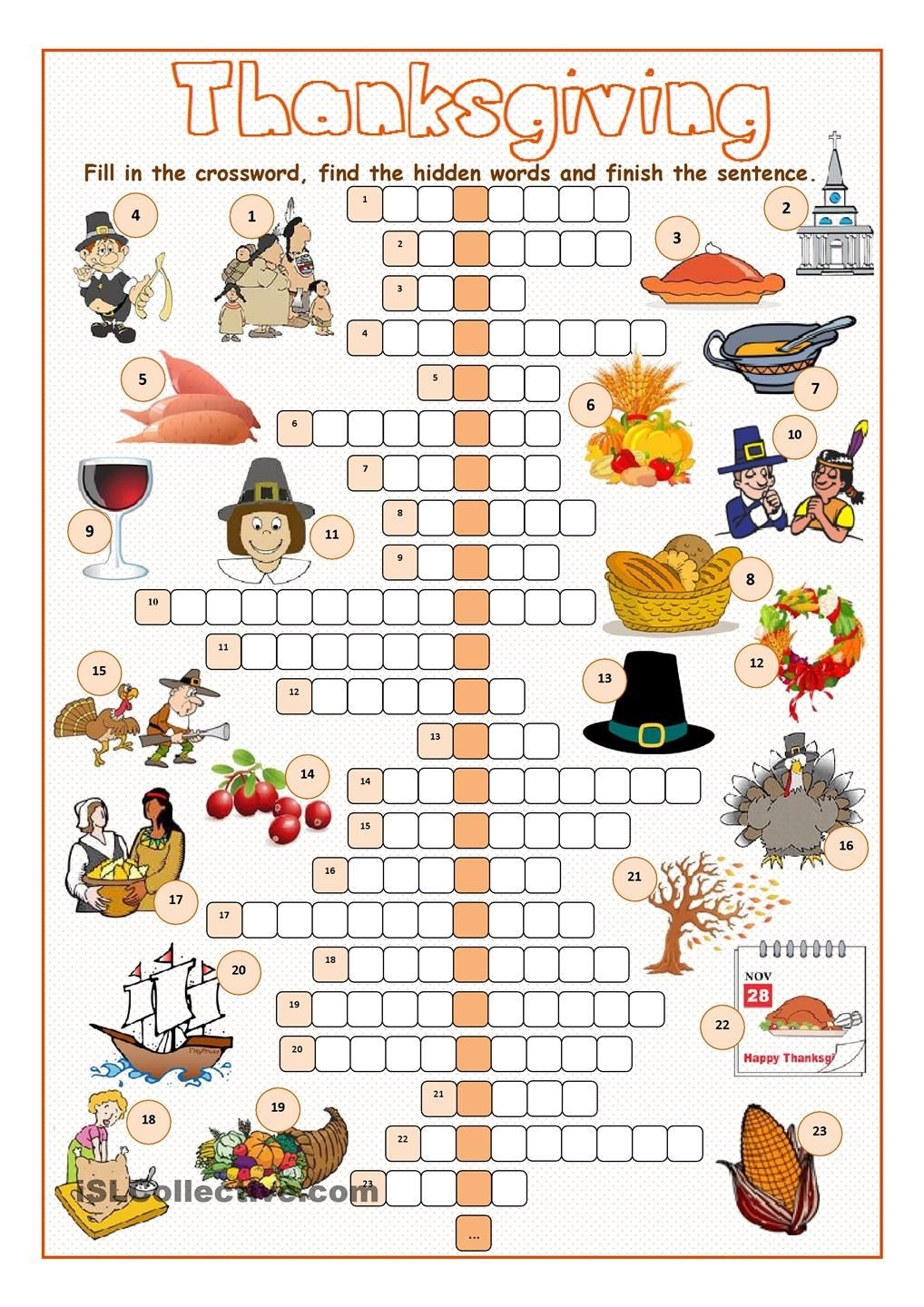 Thanksgiving Crossword Puzzle | Spanish Learning | Cours Anglais - Thanksgiving Crossword Puzzles Printable Free