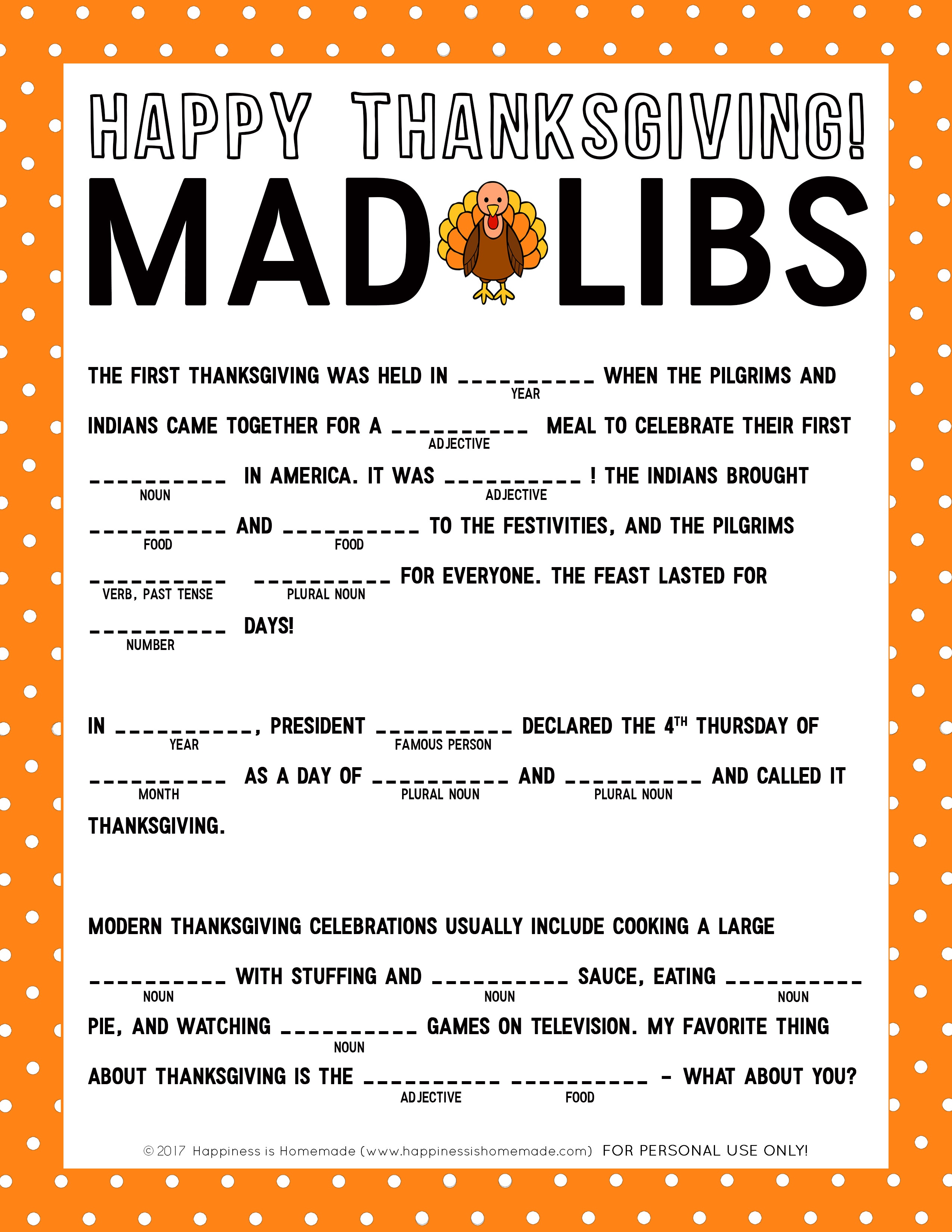 Free Printable Thanksgiving Mad Libs Free Printable A to Z
