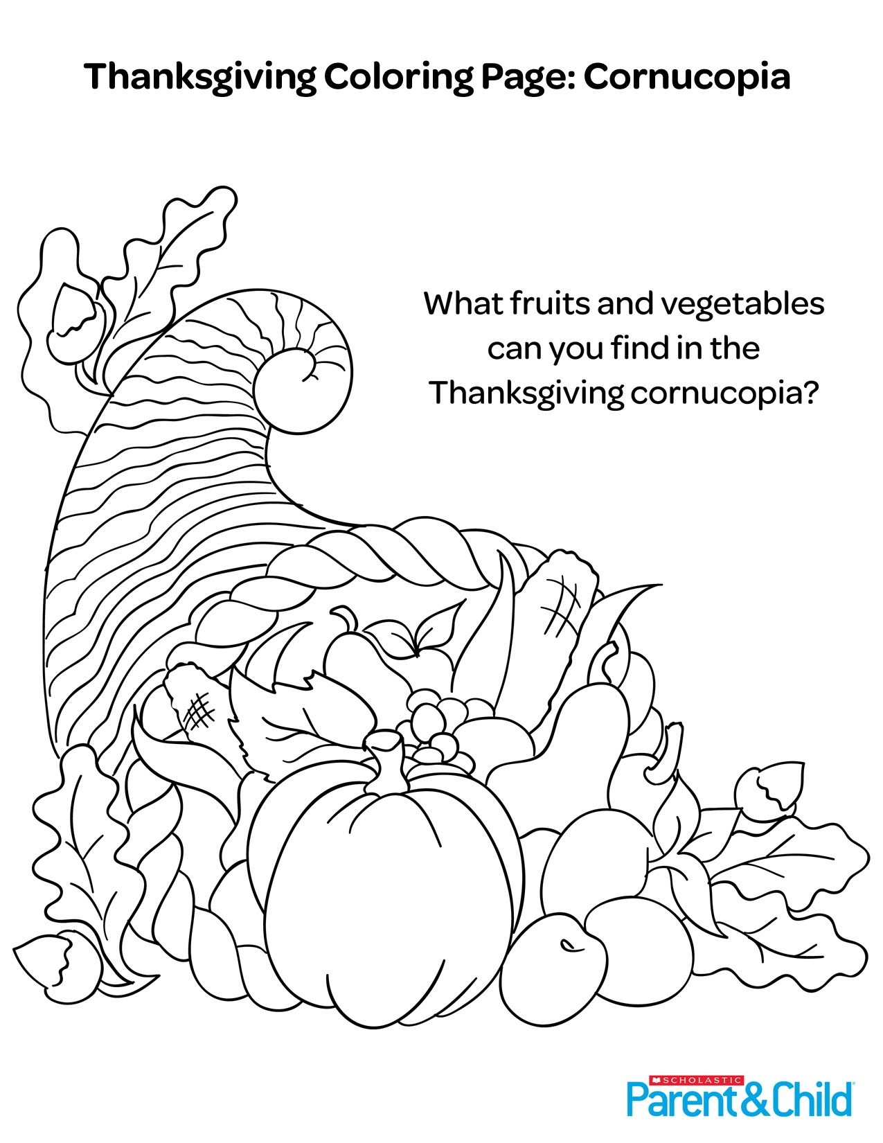 Thanksgiving Printable Coloring Page: Cornucopia | Kid-Friendly - Thanksgiving Printable Books Free