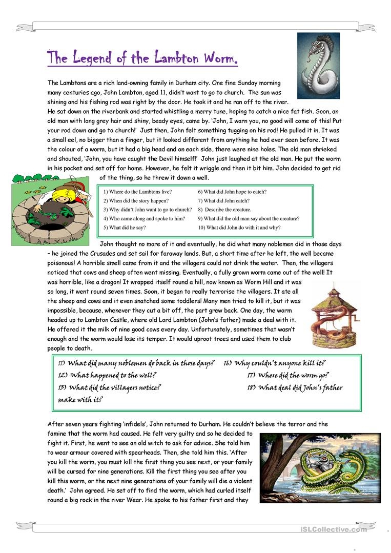 The Legend Of The Lambton Worm Worksheet - Free Esl Printable - Free Printable Worm Worksheets
