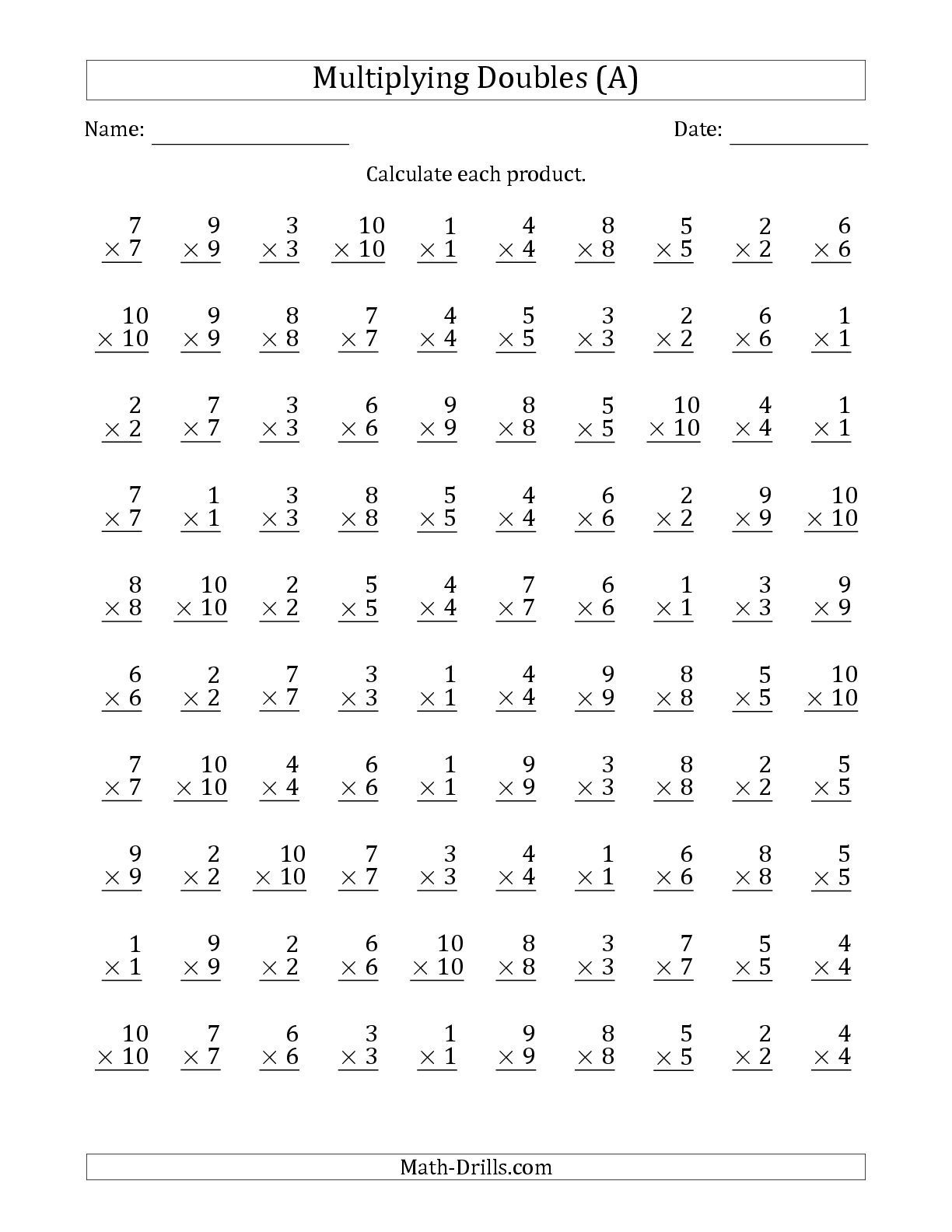 The Multiplying Doubles From 1 To 10 With 100 Questions Per Page (A - Free Printable Multiplication Fact Sheets
