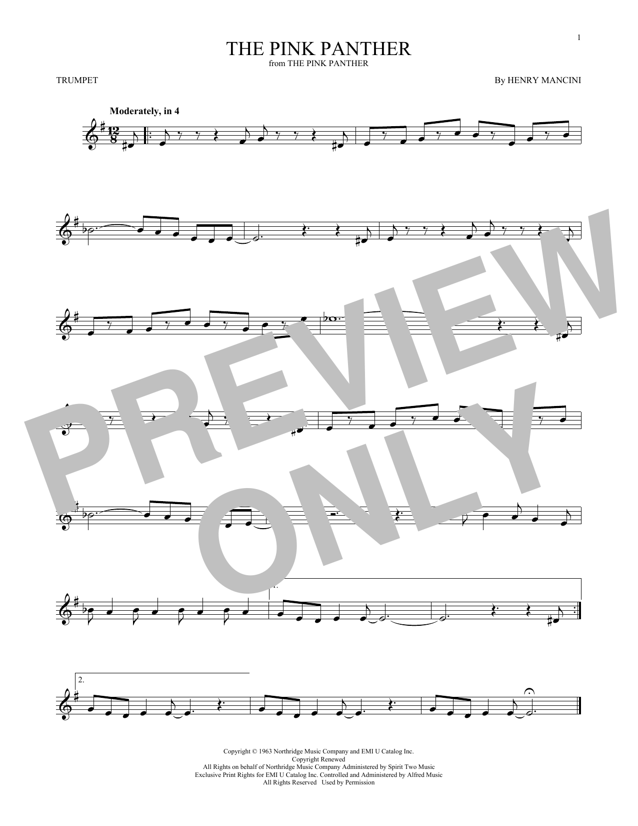 The Pink Panther (Trumpet Solo) - Print Sheet Music Now - Free Printable Trumpet Sheet Music Pink Panther