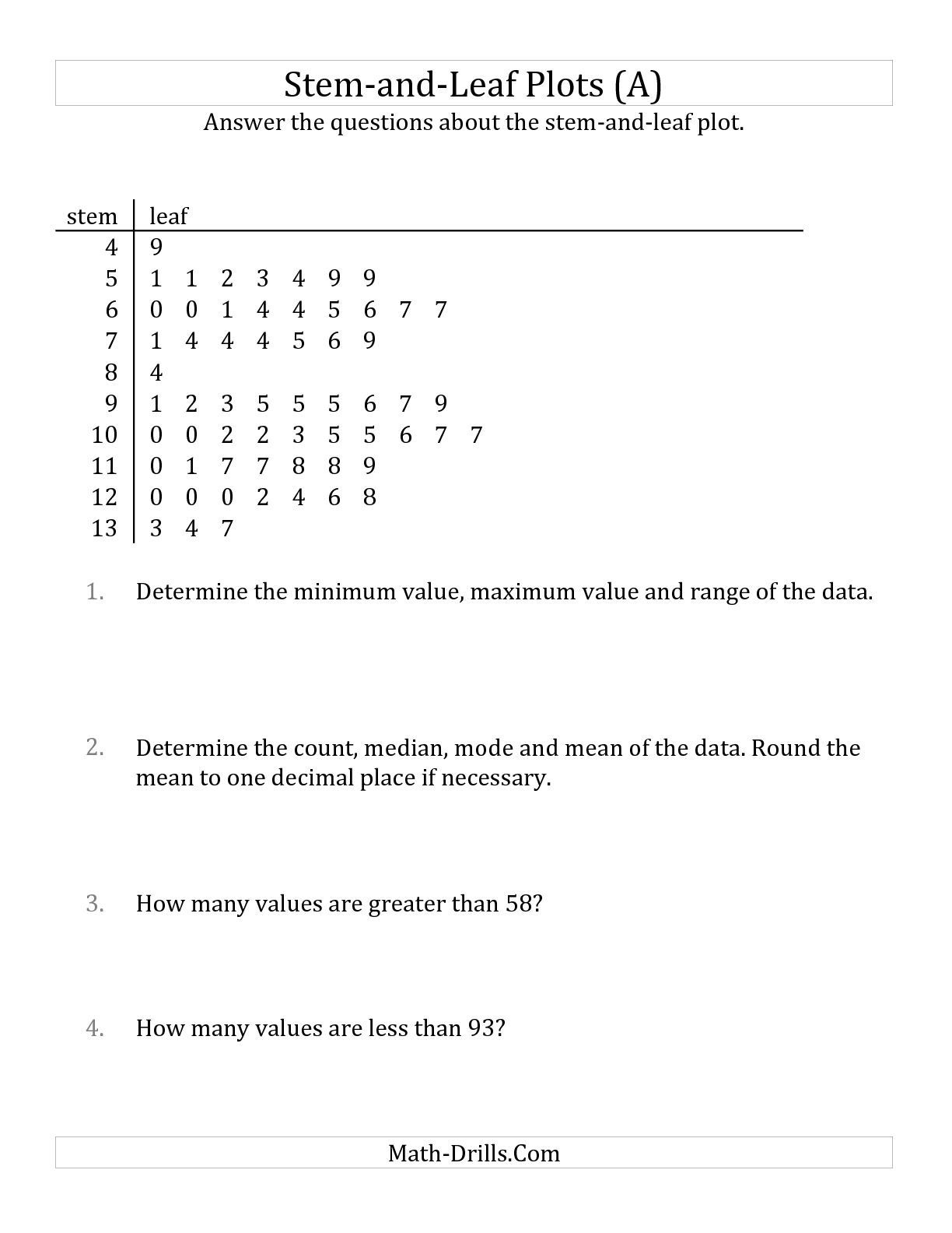 The Stem-And-Leaf Plot Questions With Data Counts Of About 50 (A - Free Printable Statistics Worksheets