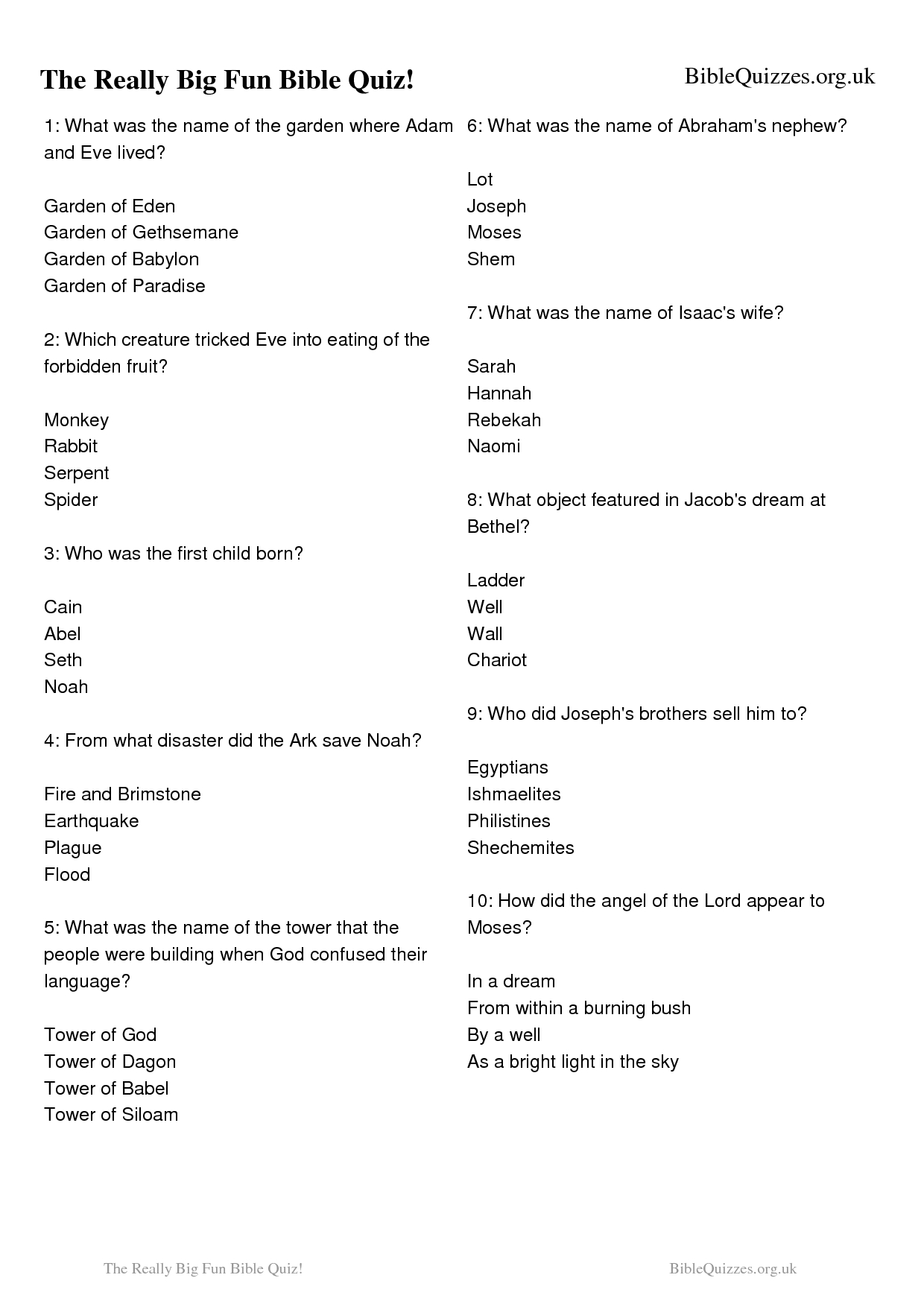 Multiple Choice Printable Bible Quiz