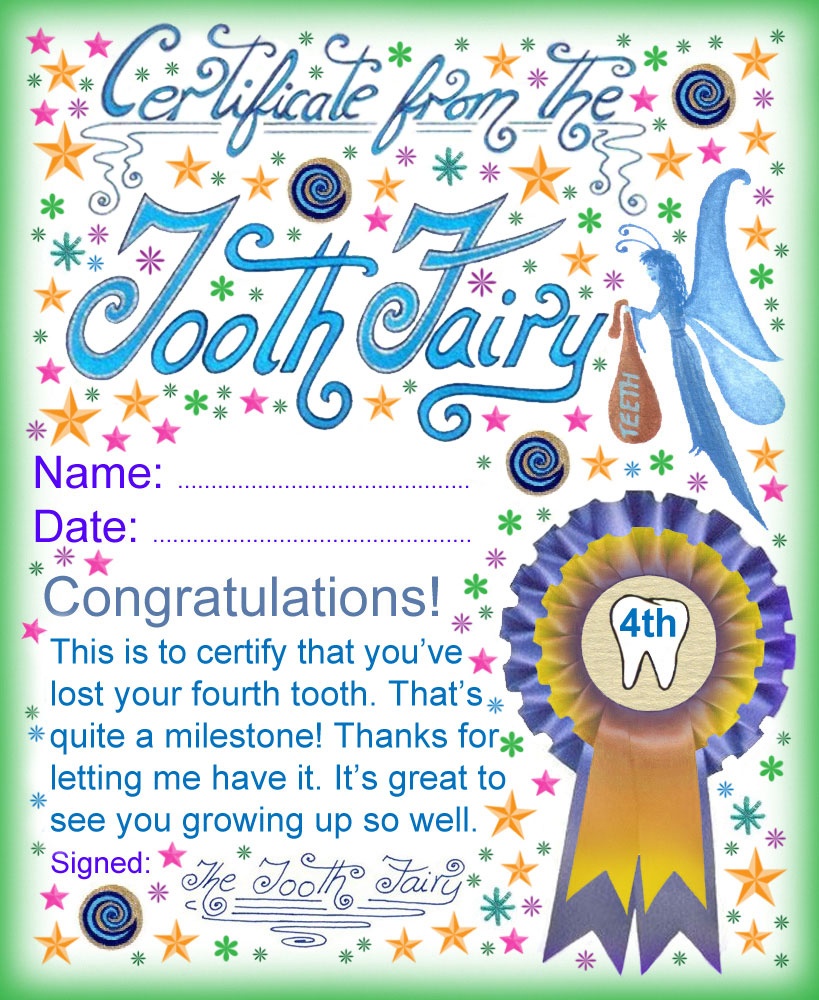 Tooth Fairy Certificate: Award For Losing Your Fourth Tooth - Free Printable Tooth Fairy Pictures