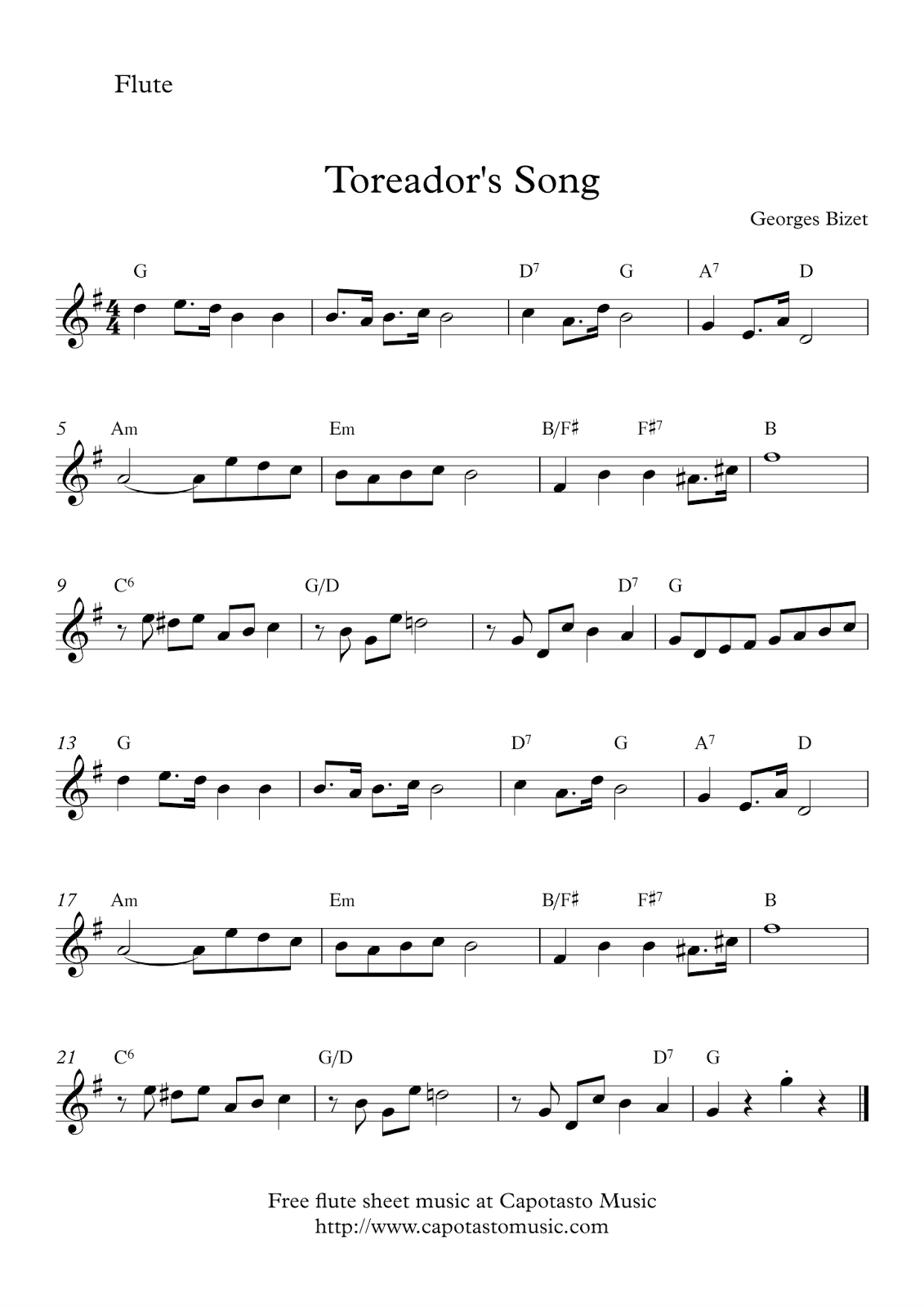 Toreador´s Song | Free Flute Sheet Music - Free Printable Flute Sheet Music
